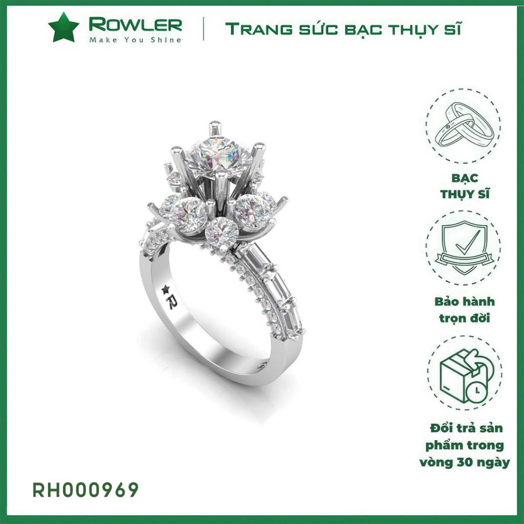 Nhẫn Royal bạc Thụy Sĩ  đính full đá Moissanite viên chủ  6.0ly - RH000969- ROWLER