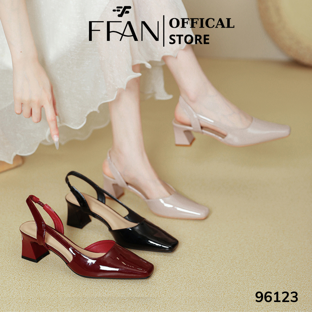 Giày cao gót nữ đế vuông mũi vuông [da bóng mềm mại] hở gót 96123 FFAN STORE bít mũi slingback 5phân