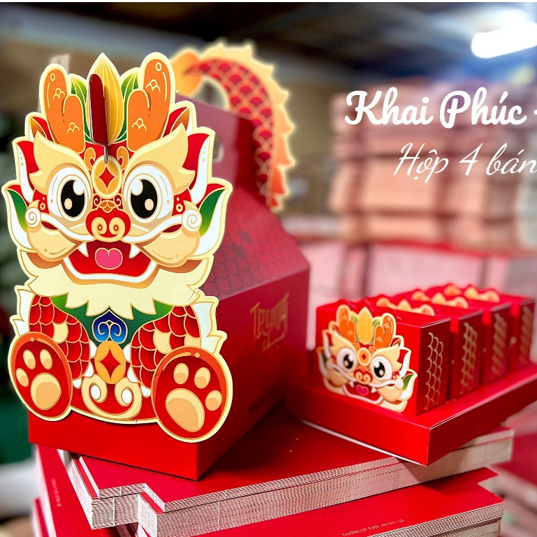 10 Hộp Trung Thu 4 Bánh 125-250gr, Hộp Trung Thu con Rồng ~ Khai Phúc