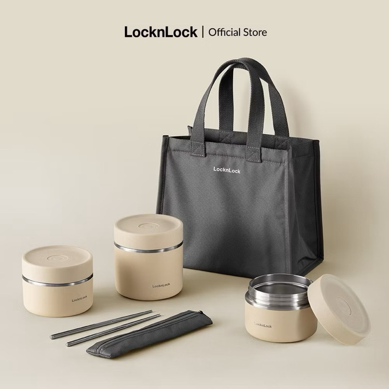 Bộ Hộp Cơm Giữ Nhiệt Locknlock Pump Vacuum Lunch Box (300Mlx2, 500Mlx1, Bộ Đũa Và Thìa, Túi) - 2 Màu