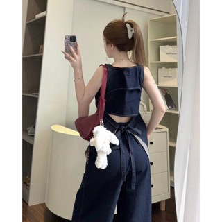 DAY CHIC - Set bộ đồ jean cá tính áo sát nách dáng croptop lưng khoét nơ, form quần ống rộng suông