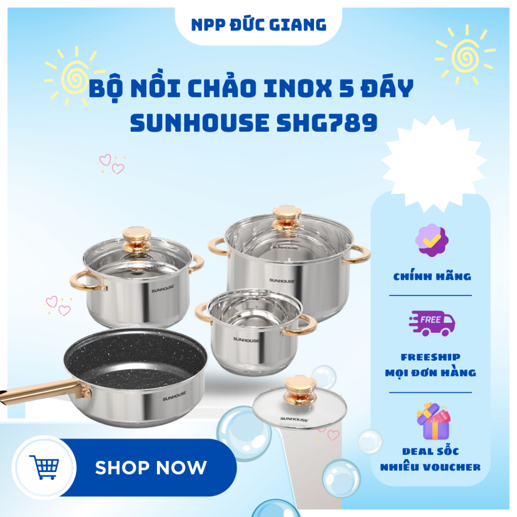 BỘ NỒI CHẢO INOX 5 ĐÁY SUNHOUSE SHG789