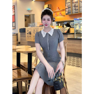 Đầm xám dự tiệc thiết kế công sở chữ a tay ngắn đẹp thanh lịch cao cấp đi tiệc đi làm Lux W Xám cổ ren nhọn