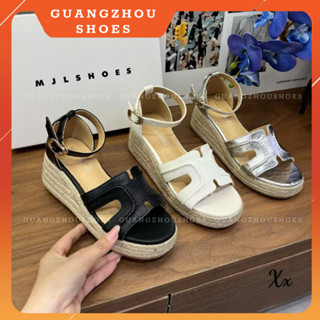 Q2180-3 Mi,JiLi Sandal xuồng cói quai da sần mềm đế 5cm hàng QCCC fullbox