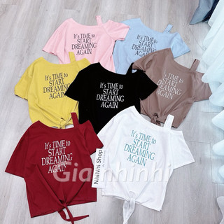  Áo phông giấy lệch vai 1 dây in chữ Áo thun kiểu trể vai buộc vạt A45 - NhiNhi Shop 