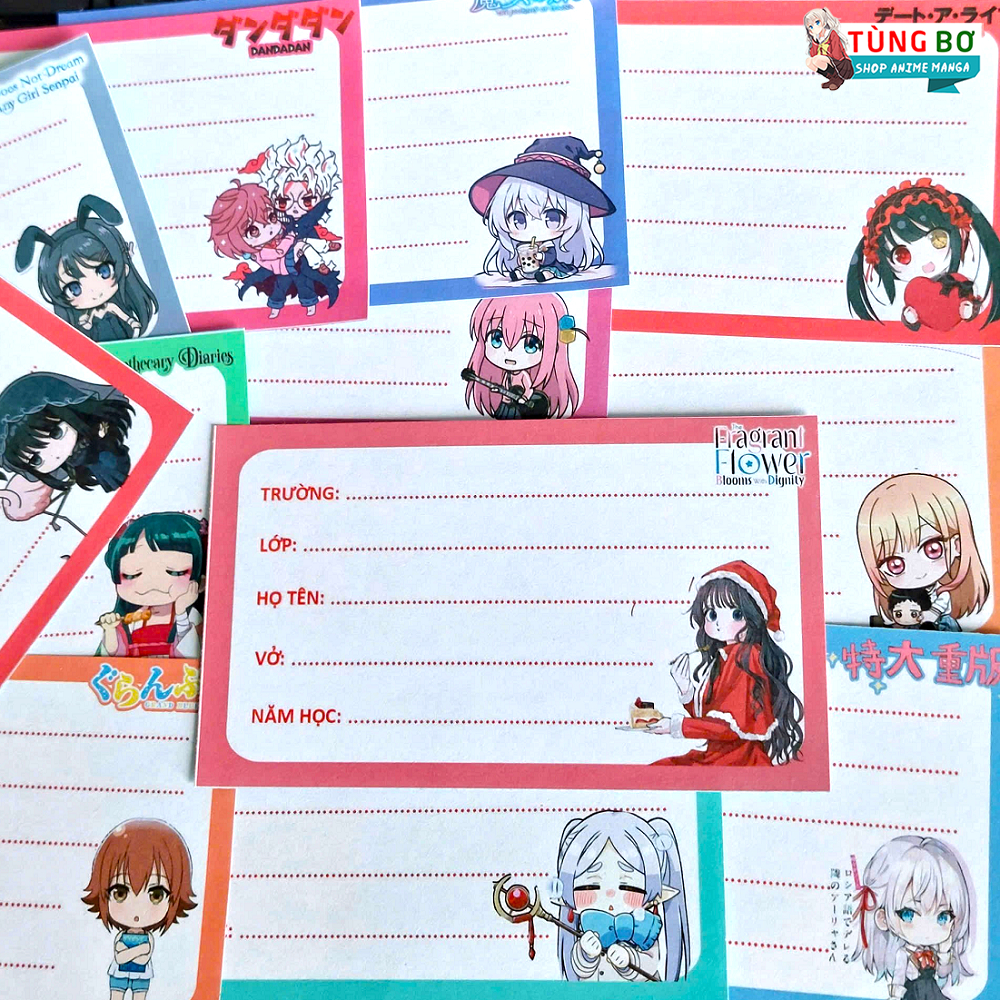 Set 12 Tờ Nhãn Vở Anime (Kaoru Hana, Bocchi, Sakamoto Days, Arya, Kimetsu, Jujutsu, Gotoubun, Friere