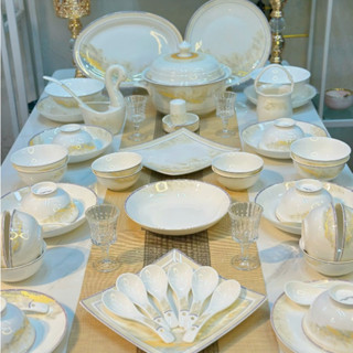 Bộ Bát Ăn Cơm Sứ Xương Cao Cấp 70 Chi Tiết Cho 10 Người. Chén Đĩa Đẹp, Sang Trọng