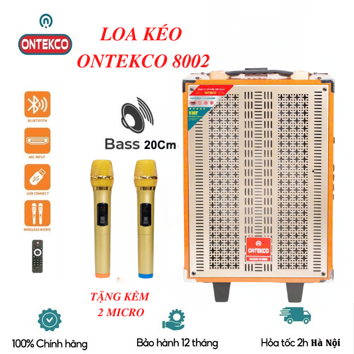 Loa kéo karaoke chính hãng ONTEKCO 8002 bluetooth kèm 2 micro Bass 20cm, chống hú cao cấp vỏ gỗ