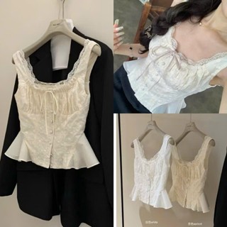 Ngocanh6959 WGWE A920 Áo kiểu quai ren bèo mã #5253 thắt eo peplum phong cách tiểu thư SLN