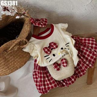 Set Áo Thun Họa Tiết Kitty Chân Váy Caro Kèm Túi Cho Bé Gái 1-8 Tuổi MINTSCLOSET Quảng Châu - GS1381
