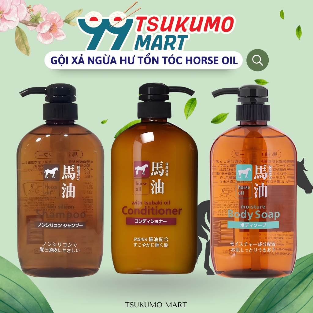 Dầu gội, Dầu xả mỡ ngựa Hatomugi Kumano Horse Oil giúp mái tóc khỏe mạnh ngừa hư tổn 600ml