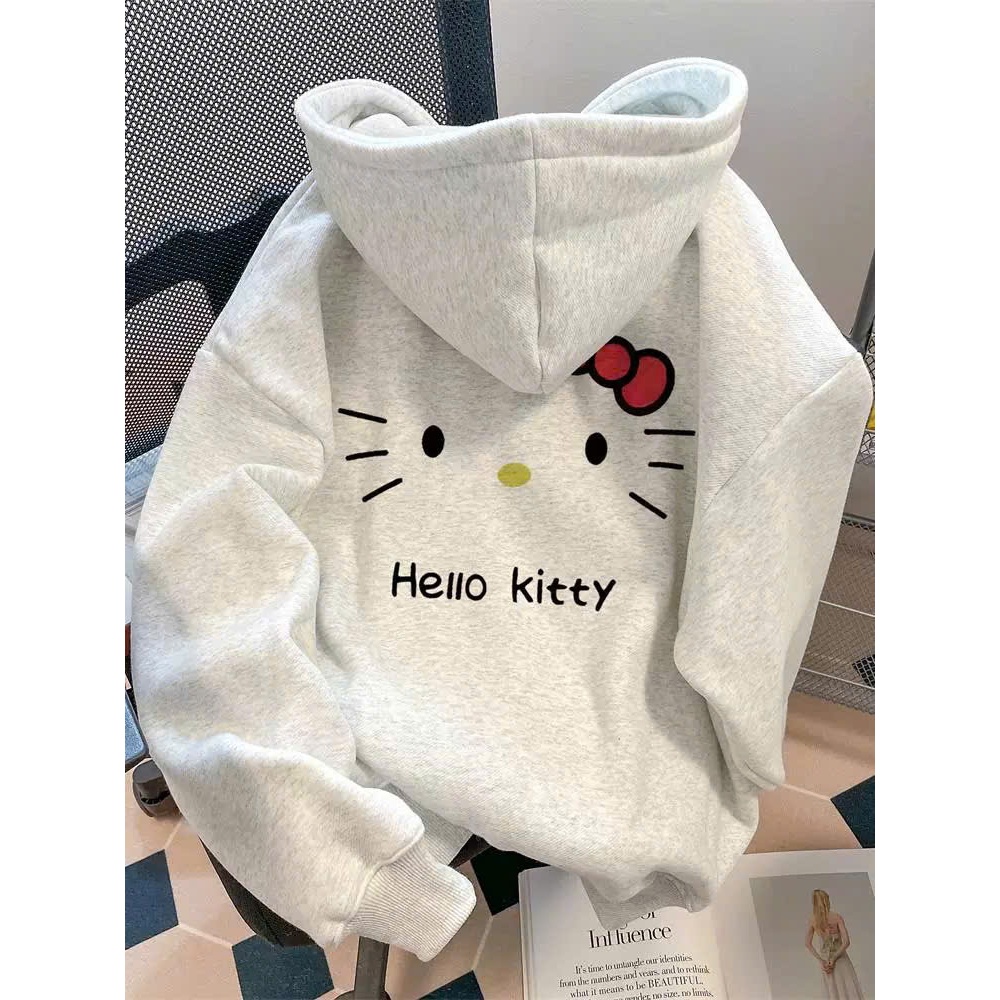  Áo Khoác Hoodie Zip Khóa Kéo  Sweater Nữ HELLO KITTY Form Rộng Khóa Kéo Nón To 2 Lớp  Có Túi Trong  