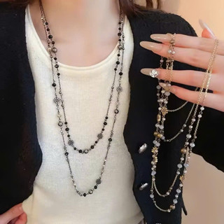  Dây chuyền đôi cỡ dài đính hạt đen charm bông hoa charm bạc cá tính y2k vintage 