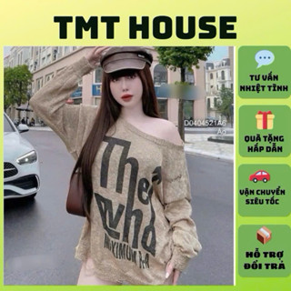 Áo len rách lệch vai, in chữ tay dài cá tính TMT HOUSE