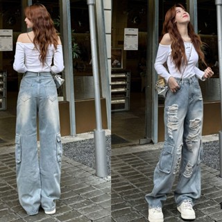 Quần Jeans ống suông nữ 2 túi hộp & rách, mẫu quần bò ống rộng đứng cổ điển theo thời gian QJ195