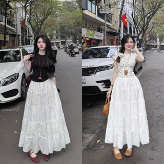 (Hàng QC L1) Chân váy maxi 5 tầng vải thô boi thêu hoa NALY DRESS hai lớp cao cấp