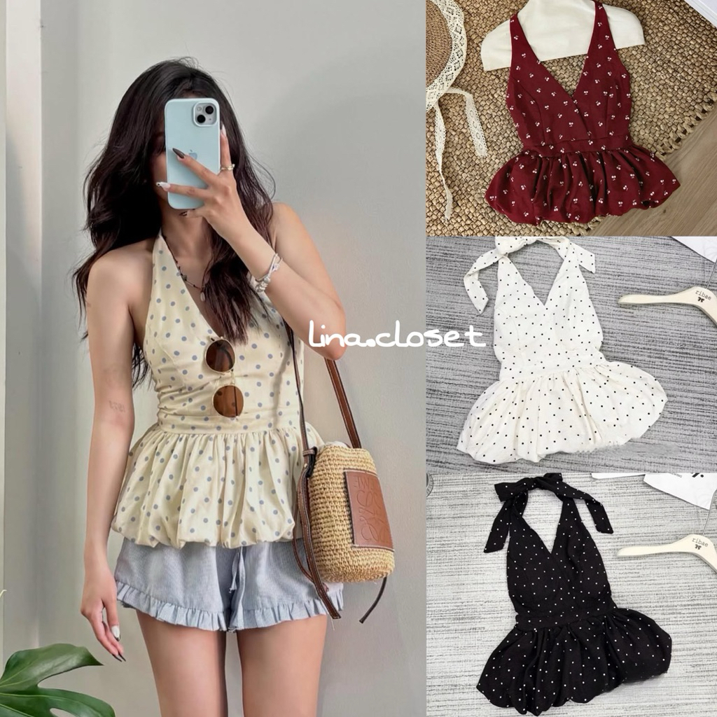 (Sẵn đệm mút) Áo cổ yếm buộc nơ hoạ tiết chấm bi dáng bí phồng hở lưng chun sau DOTTIE TOP | BigBuy360 - bigbuy360.vn