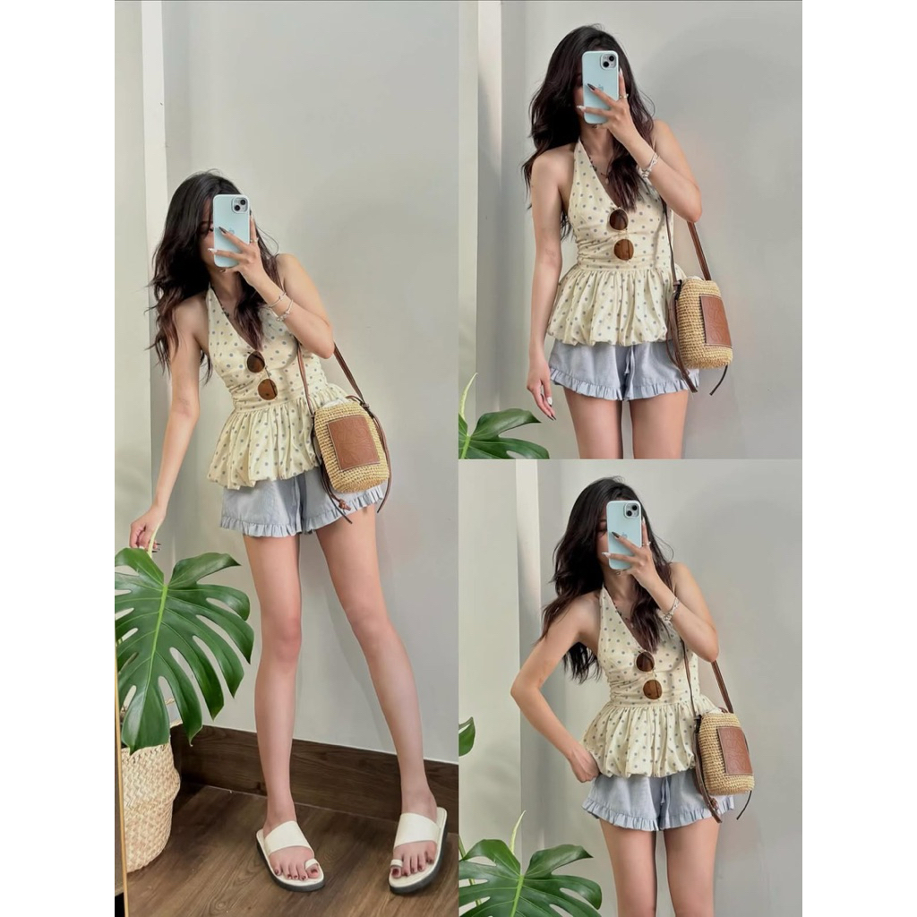 (Sẵn đệm mút) Áo cổ yếm buộc nơ hoạ tiết chấm bi dáng bí phồng hở lưng chun sau DOTTIE TOP | BigBuy360 - bigbuy360.vn