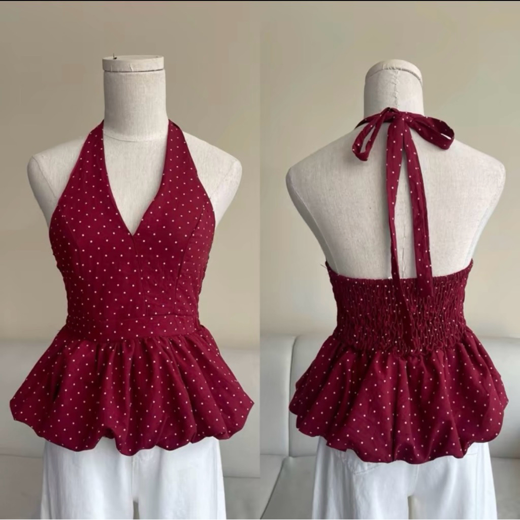 (Sẵn đệm mút) Áo cổ yếm buộc nơ hoạ tiết chấm bi dáng bí phồng hở lưng chun sau DOTTIE TOP | BigBuy360 - bigbuy360.vn