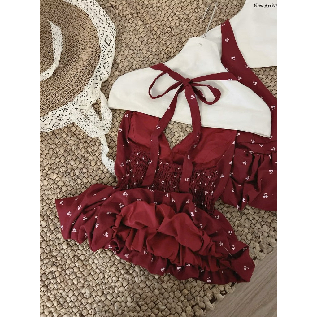 (Sẵn đệm mút) Áo cổ yếm buộc nơ hoạ tiết chấm bi dáng bí phồng hở lưng chun sau DOTTIE TOP | BigBuy360 - bigbuy360.vn