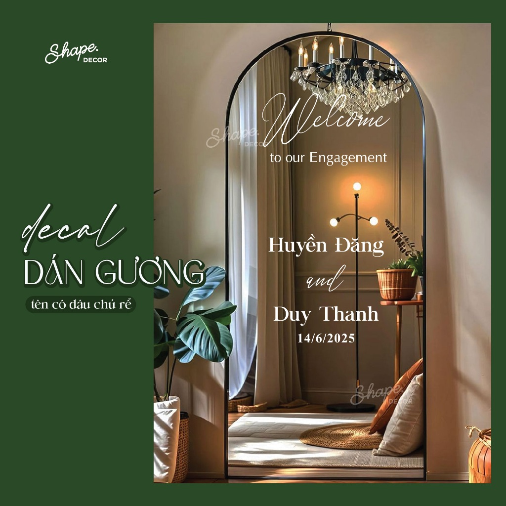 Decal dán gương check in tên cô dâu chú rể Decal đám cưới dán gương