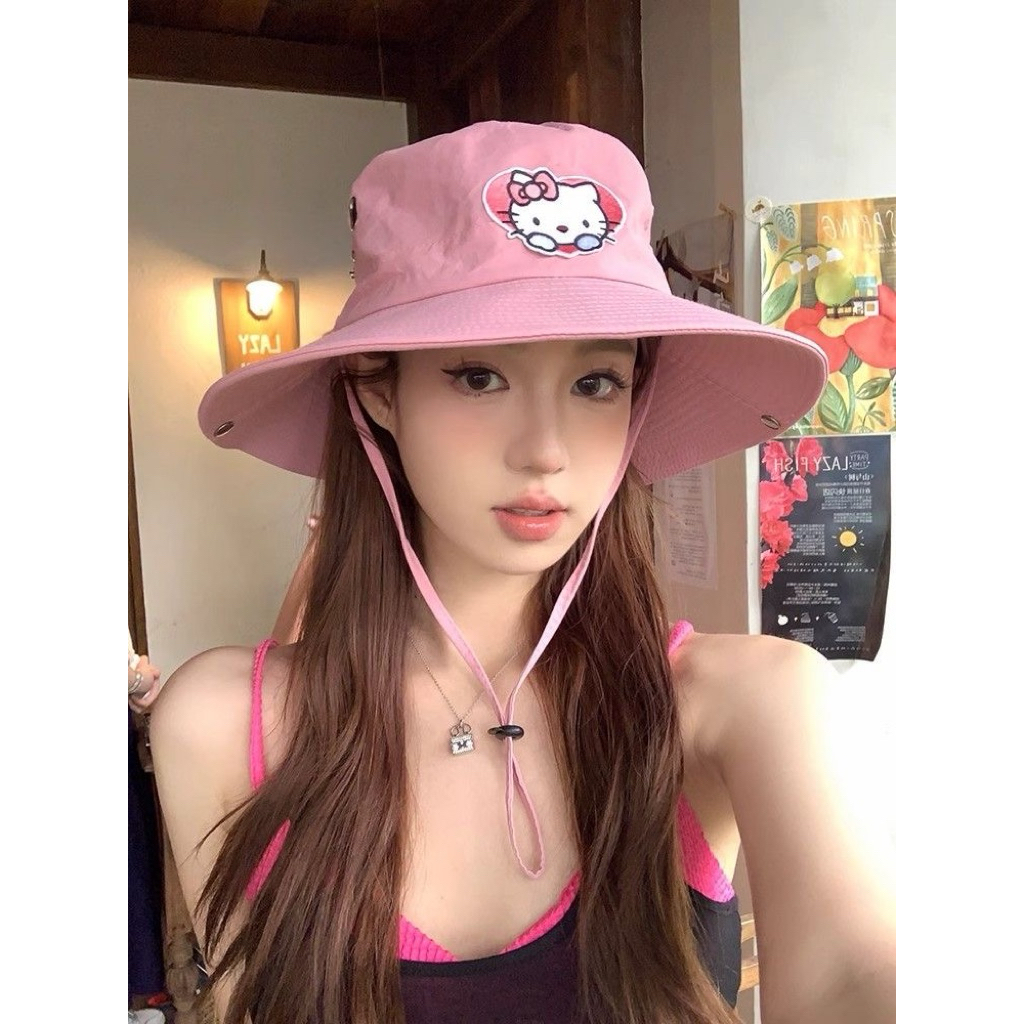 Mũ bucket vành lớn, mũ cao bồi chống nắng hoạ tiết thêu Hello Kitty