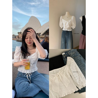 mie studio - /WGWE/ #w5992 Áo kiểu cổ rộng tay lửng ngắn có vạt buộc trước