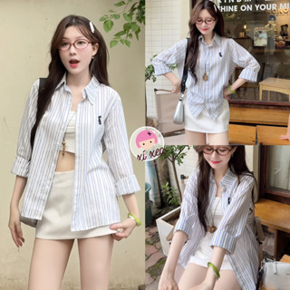 Áo sơ mi nữ tay dài kẻ sọc xanh thêu thỏ xixeoshop - A77