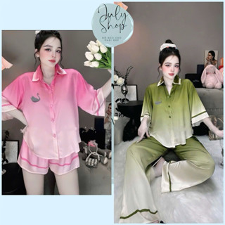 [<65kg] Đồ Ngủ Nữ, Đồ Bộ Tiểu Thư JULY Áo Sơmi Ombre Họa Tiết Thiên Nga Tay Cánh Dơi Chất Latin Mềm Mịn Freesize