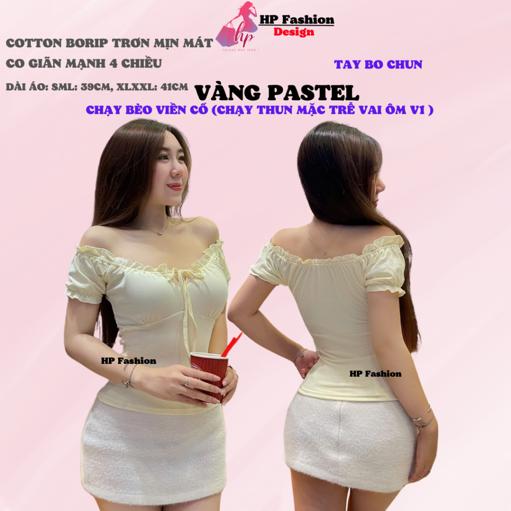 Áo thun body tay bèo ngắn nhún thun cổ vuông, áo nữ kiểu mặc được trễ vai nữ basic vải thun cotton borip trơn basic HP44 | BigBuy360 - bigbuy360.vn