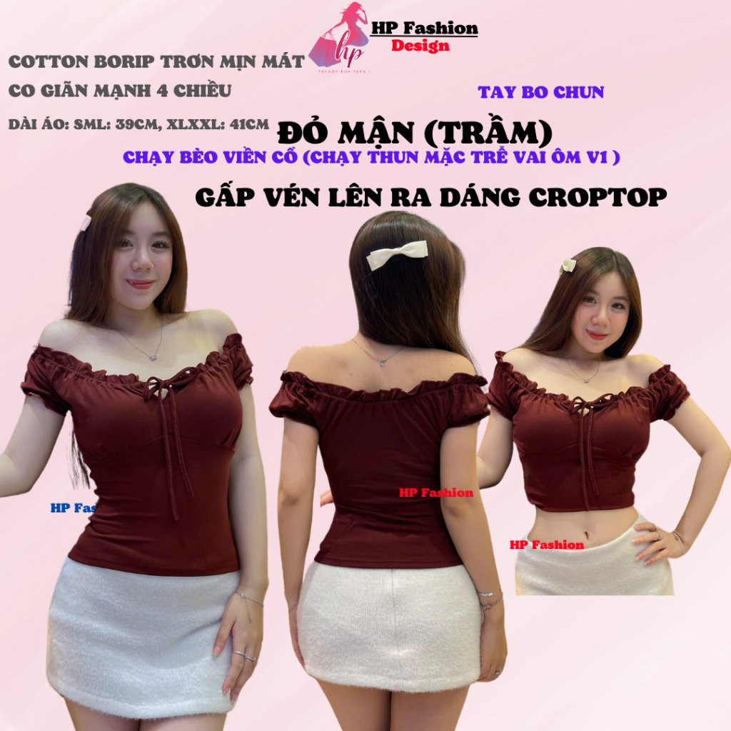 Áo thun body tay bèo ngắn nhún thun cổ vuông, áo nữ kiểu mặc được trễ vai nữ basic vải thun cotton borip trơn basic HP44 | BigBuy360 - bigbuy360.vn