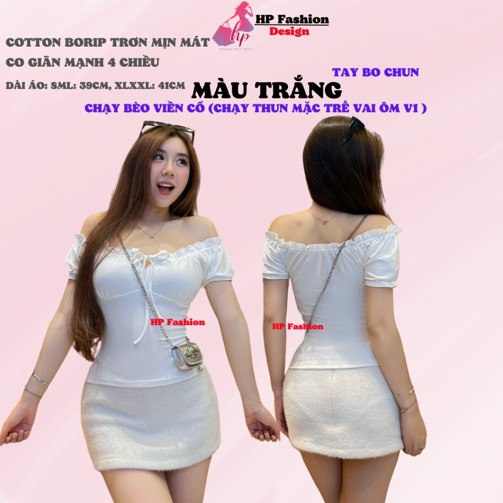 Áo thun body tay bèo ngắn nhún thun cổ vuông, áo nữ kiểu mặc được trễ vai nữ basic vải thun cotton borip trơn basic HP44 | BigBuy360 - bigbuy360.vn