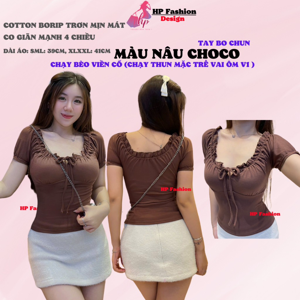 Áo thun body tay bèo ngắn nhún thun cổ vuông, áo nữ kiểu mặc được trễ vai nữ basic vải thun cotton borip trơn basic HP44 | BigBuy360 - bigbuy360.vn