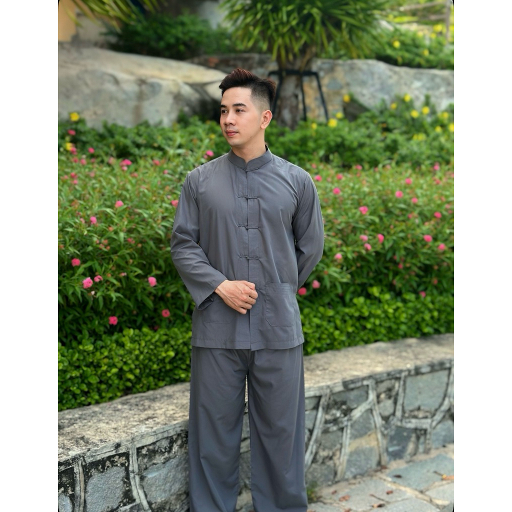 BỘ ĐỒ LAM ĐI CHÙA MÀU XÁM DÀNH CHO PHẬT TỬ VẢI KATE MỀM - ÁO CÓ 2 TÚI