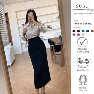 Chân váy bút chì dáng dài ôm nhẹ 2 lớp có túi chéo SUSUCLOTHING bản cạp lưng cao khóa sau chất vitex BC TÚI 80