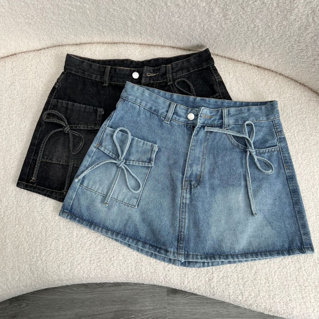 Chân váy jean bigsize ngắn dáng chữ A nữ màu xanh bụi basic cách điệu cột nơ xinh xắn có túi chéo - CV403