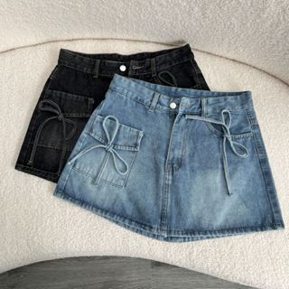 Chân váy jean bigsize ngắn dáng chữ A nữ màu xanh bụi basic cách điệu cột nơ xinh xắn có túi chéo - CV403