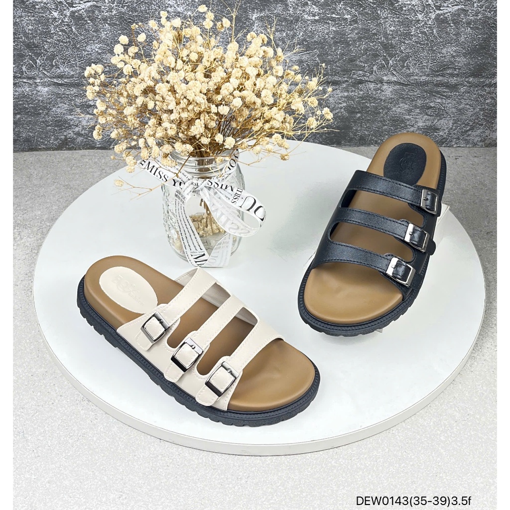 Dép lê nữ BQ size 35-39 dép da nữ thời trang 3 quai ngang đính khuy điều chỉnh đế chống trượt 0143