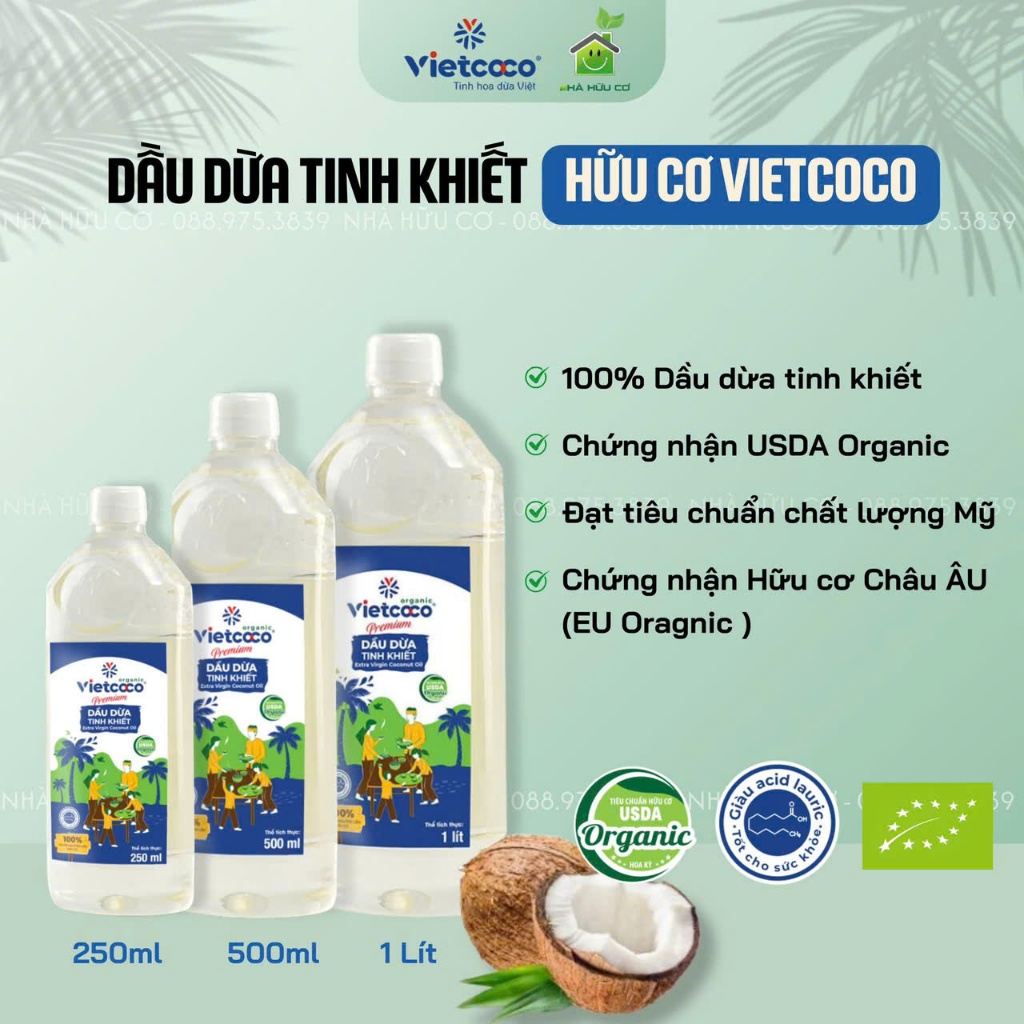 Dầu Dừa Nguyên Chất Tinh Khiết Organic Vietcoco / 250ML- 1 LÍT