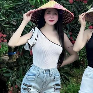 Áo Ren Nơ Lệch Vai Viền - A609