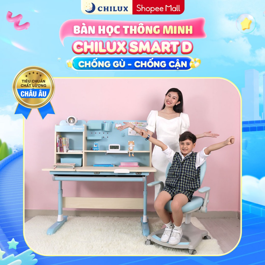 Bàn học cho bé cao cấp Chilux Smart D chống gù, chống cận, nâng hạ chiều cao, thay đổi độ nghiêng