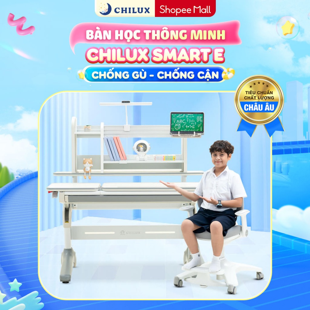 Bàn học thông minh nâng hạ bằng Piston Chilux Smart E, chống gù, chống cận, tạo tư thế ngồi khoa học