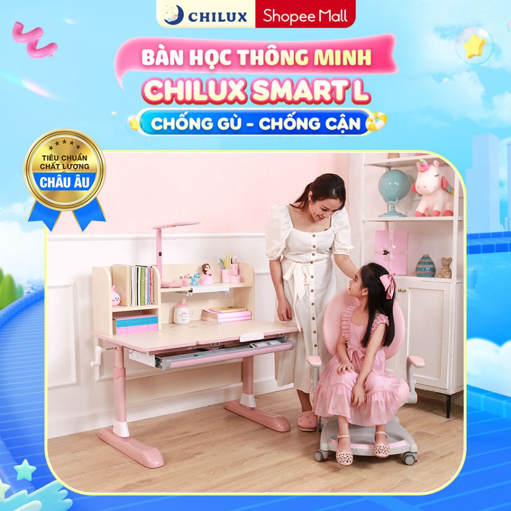 Bàn học cho bé Chilux Smart L cao cấp, thông minh chống gù, chống cận, bảo hành 5 năm