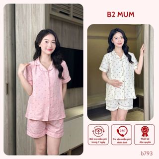 Bộ đồ bầu mặc nhà cho mẹ bầu và sau sinh - chất  đũi thoáng mát, khóa ti, chỉnh chun thông minh - B793 B2MUM