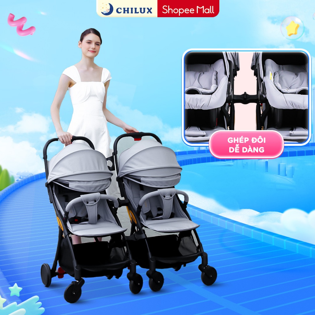 Xe đẩy đôi CHILUX D23 cho bé gấp gọn - Gồm 2 XE ĐẨY ĐƠN D23 VÀ BỘ 3 THANH NỐI