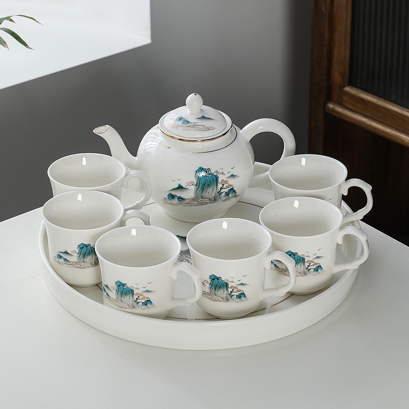 Khay trà tròn bằng gốm sứ, Khay sứ trắng Khay trà  lớn cao cấp mạ vàng