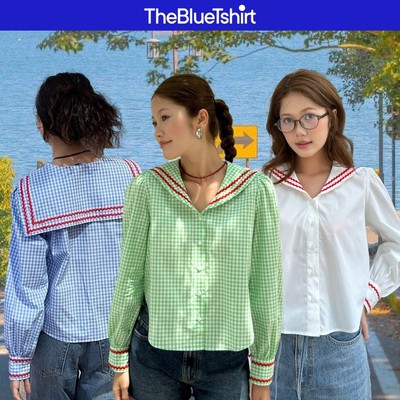 TheBlueTshirt - Áo kiểu kẻ sọc caro cổ thuỷ thủ viền ren zigzag cho nữ - School Girl Shirt - Women