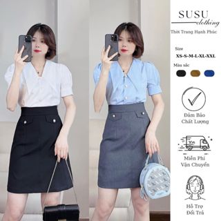 Chân váy chữ A công sở SuSu clothing có Lót quần có túi mặc được 2 kiểu dài tới gối d50 2 NẮP 2 CÚC