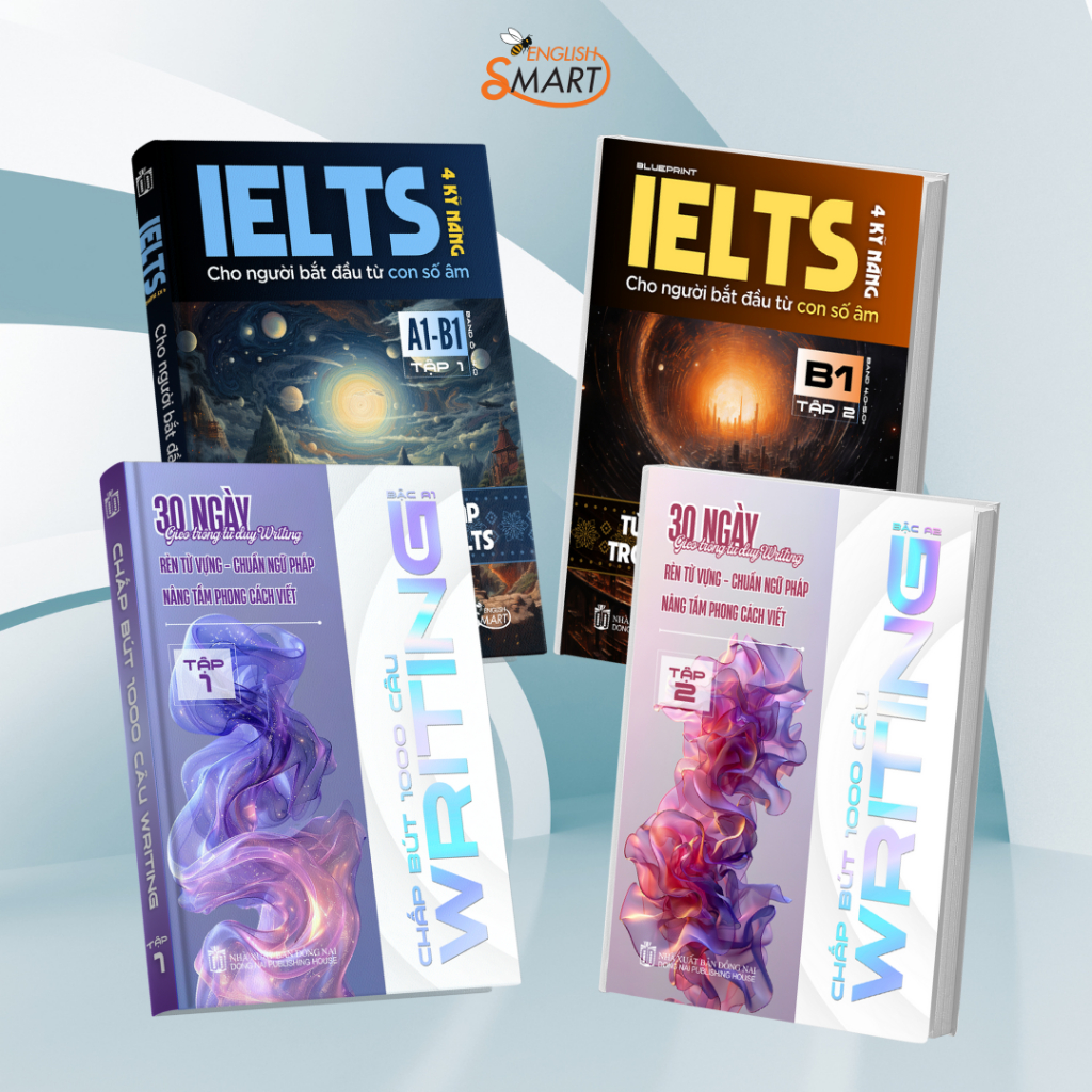 Bộ 4 Cuốn Tiếng Anh: IELTS 4 Kỹ Năng Tập 1 và 2, Chấp Bút 1000 Câu Writing Tập 1 Và 2- Smart English