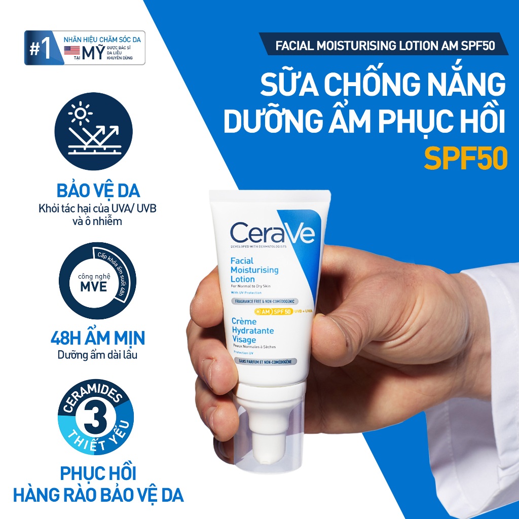 Sữa chống nắng dưỡng ẩm phục hồi SPF50 CeraVe AM Facial Moisturising Lotion SPF50 52ml | BigBuy360 - bigbuy360.vn